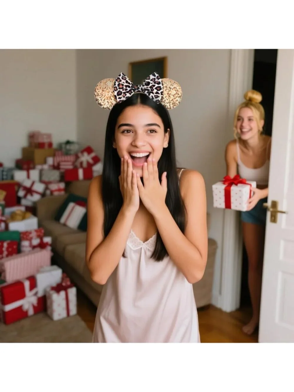 Women Leopard Polyester Sparkle Sequins Mickey Mouse Hair Bow Handmade Headband